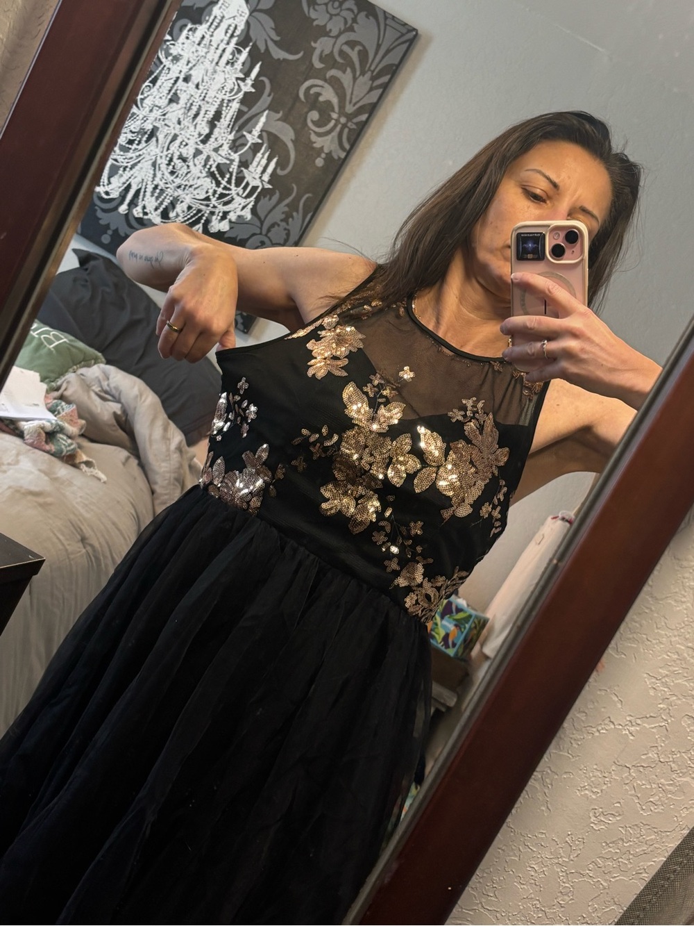 E: Gold Floral Sequin Bodice Black Tulle Mesh Midi Dress Size Large - Picture 8 of 9